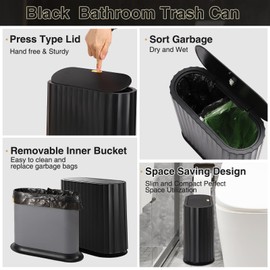 XLHOMO Small Bathroom Trash Can with Press Type Lid, 2Pcs Wicker Storage Baskets,Slim Black Bathroom Garbage Can,Slim Plastic Narrow Trash Bin 2.6 Gallon Garbage Bin