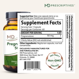 MD Prescriptives Pregnenolone - Vegan Formula for Hormone Health - Hormone Support Supplement & Energy for Adults - 60 Vegetarian Capsules (50mg)