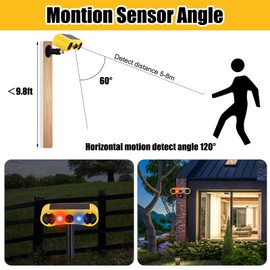 Qualirey 2 Pack Solar Outdoor Motion Sensor Alarm with Stake Animal Deterrent 2 x 129db Loud Noisemaker 13 Sound Detector Strobe Light, 4 Mode Dog Barking Alarm Sensor on Ground or Fence