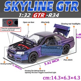 ERBADIHAGO Toy Car Nissan Skyline GTR R34 1/32 Die-cast Toy Cars Metal Model Car Toys with Light and Sound Pull Back Collectible Model for Children Age 3 + Year Old Festival Gift(Gradient Purple)