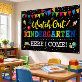 Welcome Back to School Banner,Look Out Kindergarten Here I Come Backdrop Happy First Day of Kindergarten Banner Photography Background for Classroom