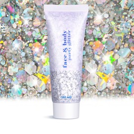 Face Body Glitter - Hair Glitter Sparkles Chunky, Temporary Tattoos Adult, Holographic Face Paint for Singer Concerts Disco Festival Rave, 50ml (Silver Body Glitter)