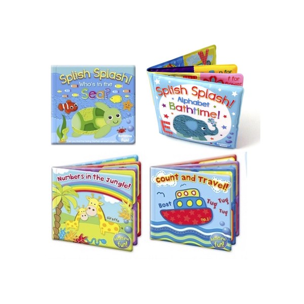 Set of 4 Baby Bath Books | First Words ABC Letters & Numbers | Plastic Coated & Padded | Floating Fun Educational Learning Toys for Toddlers & Kids
