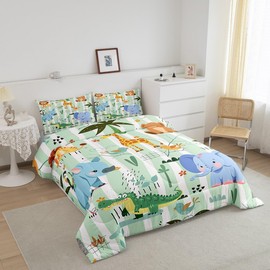 Feelyou Kids Baby Jungle Animals Comforter Set Twin Size Cute Cartoon Elephant Lion Giraffe Print Child Toddler Bedding Set Nursery Kids Safari Room Decor Exotic Natural Theme Duvet Set