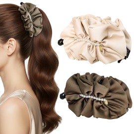 2 Pack Large Satin Banana Hair Clips for Thick/Long Hair, 5.1 Inch Jumbo Ruffled Ponytail Clip with Pearls, Non-Slip Vertical Banana Clip, Elegant French Vintage Accessories (Brown & Beige)