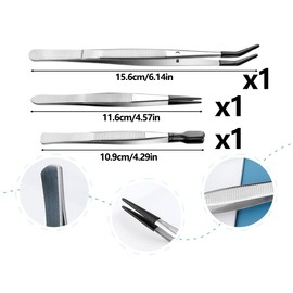 AOYEGIC Set of 3 Tweezers Set, Stainless Steel Flat Curved Pointed Tweezers, Craft Tweezers, Splitter Tweezers with Rubber Tips, for Crafts, Jewellery, Electronics, Laboratories and Industry