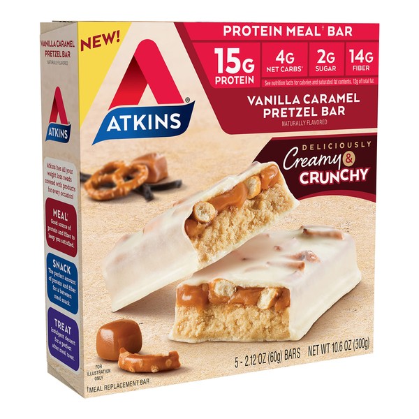 Atkins Vanilla Caramel Pretzel Protein Meal Bar, High Fiber, 2g