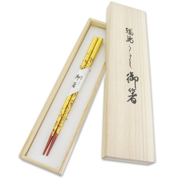 Wajima Japanese Natural Lacquered Chopsticks Reusable in Gift Box, Gold Leaf Coated Fukuju Vermilion Made in Japan, Handcrafted