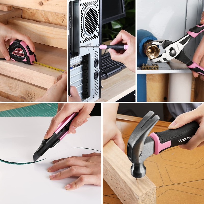 WORKPRO Pink Tool Set with 3.7V Rotatable Electric Screwdriver, 18PCS