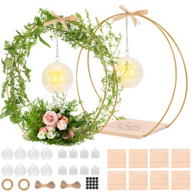 8 Pack 12 Inch Floral Hoop Centerpiece for Table, Double Floral Hoop Table Centerpieces wih Stand and Candle Light, Metal Wreath Ring Stand with Crystal Clear Acrylic Base, Flower NOT Included