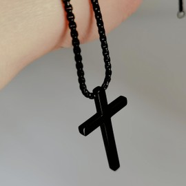 PDMJHH Classic Black Cross Pendant Necklace with Box Chain, Men's Religious Jewelry