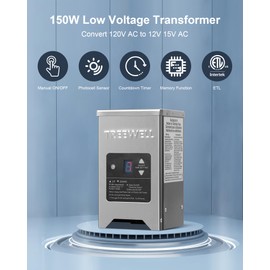 TREEWELL 150W Low Voltage Landscape Transformer, Outdoor Landscape Lighting Transformer with Photocell Sensor & Timer, 120V AC to 12V/15V AC, Stainless Steel Weatherproof Transformer, ETL Listed