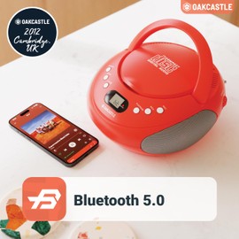 Portable Bluetooth CD Boombox with FM radio | CD, CD-R, CD-RW | 30 Presets | Easy Controls, LED Display, Headphone Jack | OAKCASTLE CD250 (Red)