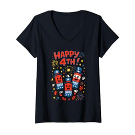 Womens Funny Firecracker USA Happy 4th of July Snap Pop Crackle V-Neck T-Shirt