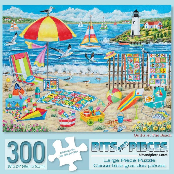 Bits and Pieces - 300 Piece Jigsaw Puzzle for Adults 18" x 24" - Quilts at The Beach - 300 pc Summer Sailboat Lighthouse Scene Jigsaw by Artist Vessela G.