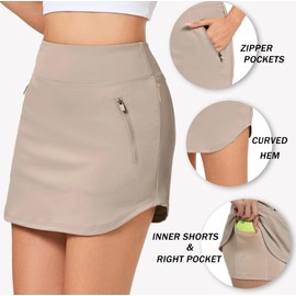 Jhsnjnr Women's Golf Skort Athletic Lightweight Tennis Skirt with Zipper Pockets Elasticated Summer Skirts Gym Wear Khaki