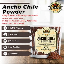 Ancho Chile Powder 4 oz Premium Single Ingredient From Mexico El Molcajete Brand for Sauces, Salsa, Pasta, Chili, Meat, Pizza, Potatoes, Vegetables, Soups, Stews, Chicken and BBQ