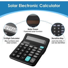 12 Digits Desktop Calculator with Large LCD Display, Basic Calculator Dual Solar Power and Battery, Standard Function for Office, Home, School (Black)
