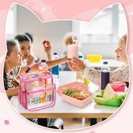 Teenyyou Bento Box Lunch Box Kit Including Large Pink Clear Lunch Bags Leakproof Lunch Box Containers 12 oz Cup Spoon Fork for Women School Travel Picnic Office