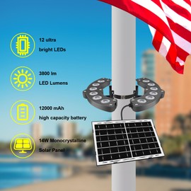 Solar Flag Pole Light Outdoor Dusk to Dawn, Super Bright LED Flag Pole Lights 5000lm, 100% Flag Coverage,14W 12000mAh Brightest Lighting Night Light for 2-4” Dia 15-40 Ft Flag Pole
