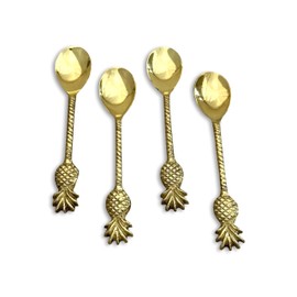 India Handicrafts Tropical Pineapple Fruit, Gold Tone 5.5 Inch Stainless Steel Coffee/Dessert Spoon; Set of 4, 75100