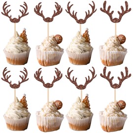 24 piezas de adornos para cupcakes de cuernos de ciervo de Navidad con purpurina para baby shower, boda, caza, rústico, cumpleaños, Navidad, fiesta, decoración de pasteles, color café