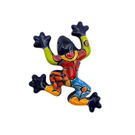 Talavera Pottery Frog Sculpture Cute Folk Art Mexican Pottery Wall Art Indoor Outdoor Multicolor Home Decor Handmade Hand Painted 6" Cobalt