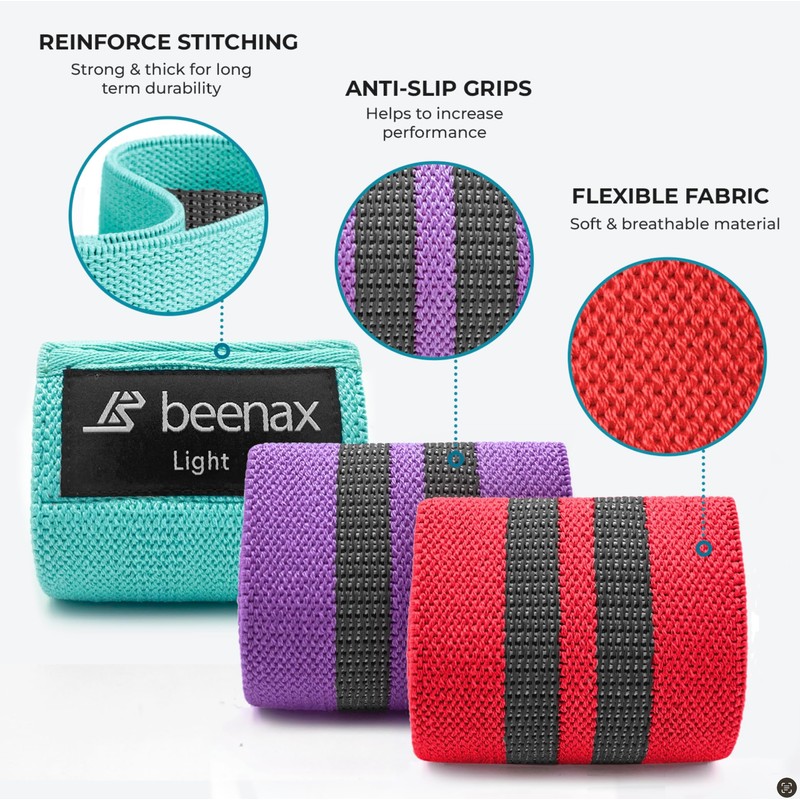 Beenax Fabric Resistance Bands (Set of 3), Long/Short Exercise Bands