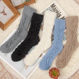 Loritta 5 Pairs Womens Fuzzy Socks Winter Warm Cozy Fluffy Super Soft Slipper Socks,F-Dark Twist Design