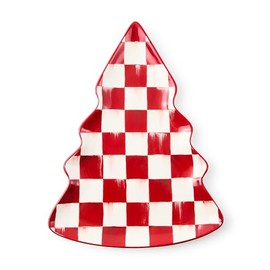MACKENZIE-CHILDS Stoneware Tree Dish, Decorative Serving Tray for Christmas, Red-and-White Cherry Check