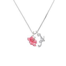 Delight Jewelry Silvertone Hot Pink Hibiscus Flower - Silvertone Script Initial Charm Necklace, 18"+1"