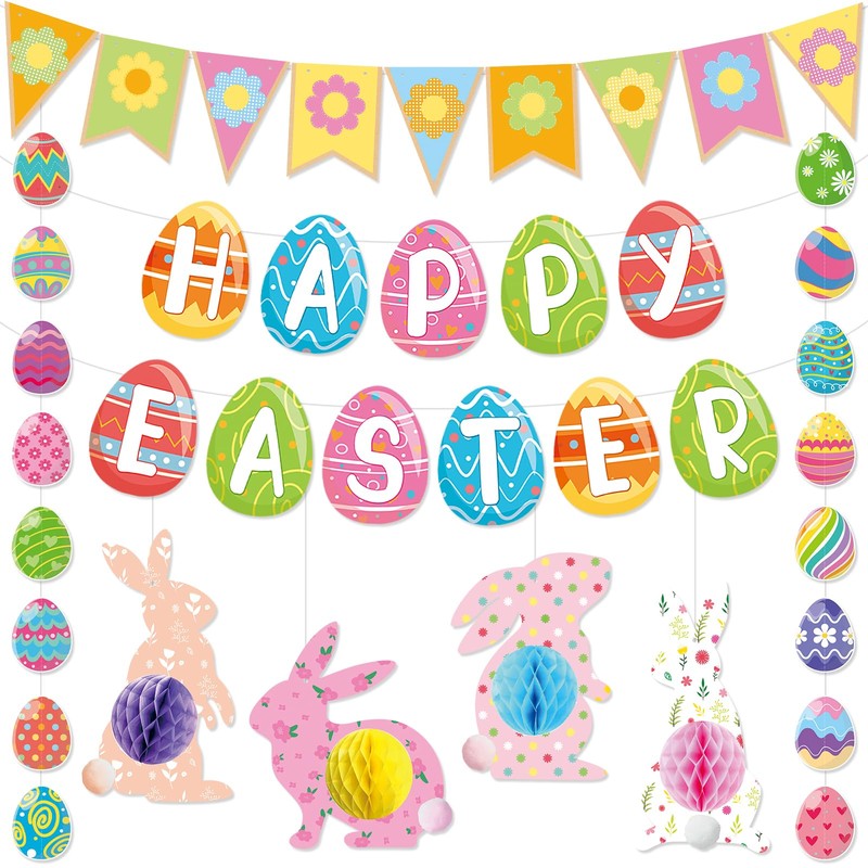 Pre-Strung Easter Decorations Set - Happy Easter Banner Decor with