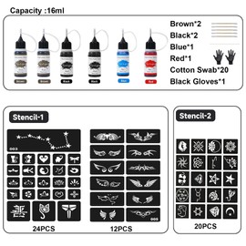ElevaPulse Henna Set of 6 Bottles of Ink - Complete Set with 56 Stencils and Accessories for Temporary Tattoos DIY Body Art