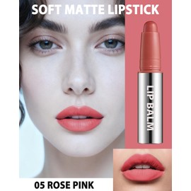 Rose Pink Matte Lipstick Crayon for Women, Waterproof Long-Lasting Transfer-Proof Lip Stick, Highly Pigmented Creamy Velvet Lipsticks for Dry Lips, Soft Texture Lip Stick Crayon Christmas Makeup-05