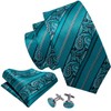 Barry.Wang Men Ties Silk Teal Paisley Necktie Set Handkerchief Cufflinks