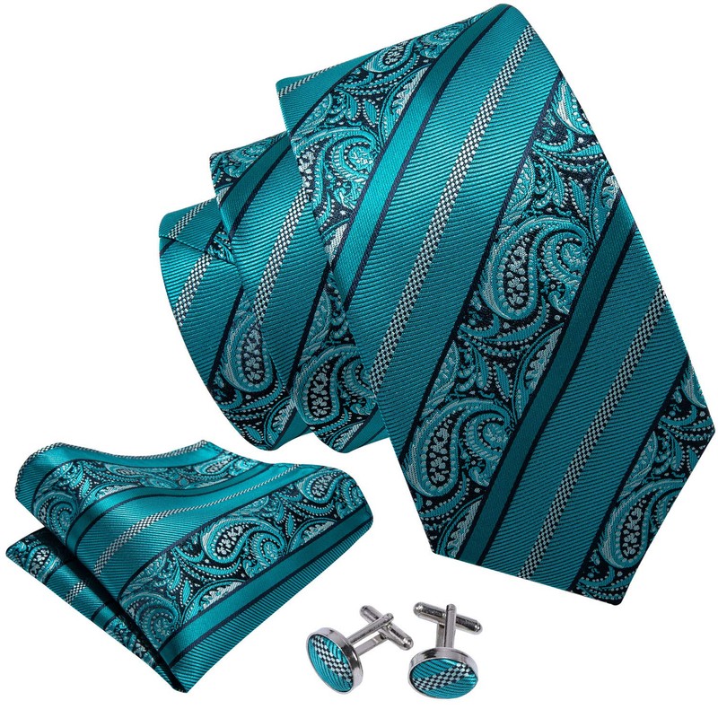 Barry.Wang Men Ties Silk Teal Paisley Necktie Set Handkerchief Cufflinks