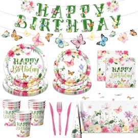 Flower Birthday Decorations, 170Pcs Butterfly Floral Birthday Decorations Tableware Floral Paper Plates Napkins Cups Banner Tablecloth for Spring Garden Butterfly Party Supplies, Serves 24