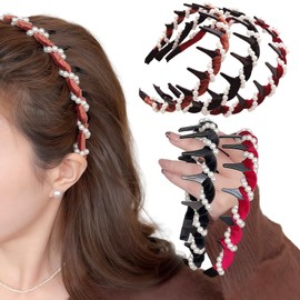 Vintage Pearl Beaded Headbands for Women High Cranium Hairband with Teeth Brown Red Black Wavy Comb Headband White Pearl Hairbands Fall Winter Fashion Hair Accessories for Bride Wedding Party 3Pcs