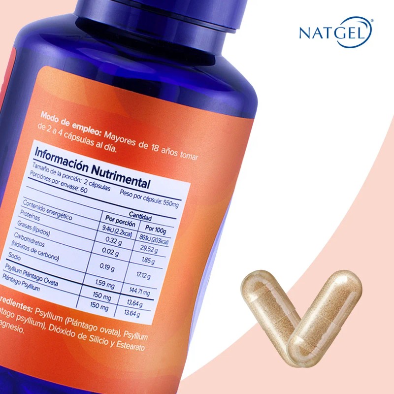 Fibra Psyllium Puro Sin Azucar | 120 Capsulas De 550