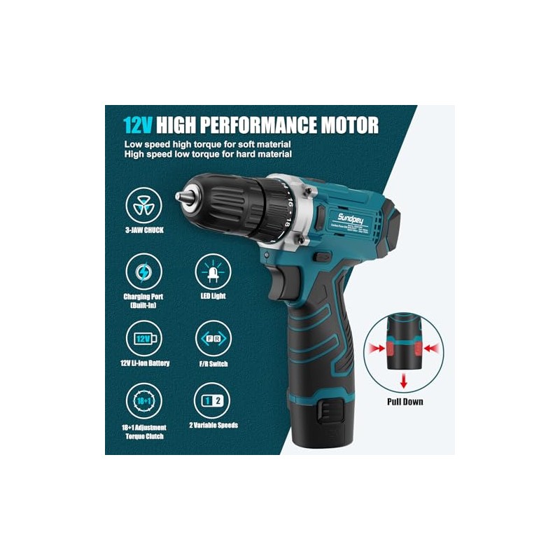 Sundpey Tool Kit 206PCs with Drill - 12V Cordless Power