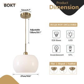 BOKT 1-Light Gold Dome Pendant Light Mid Century Modern White Globe Pendant Lighting Kitchen Island Brass Dining Hanging Ceiling Lamp Single Large Glass Ball Pendant Lamp