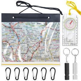 Map Case Waterproof, Map Holder, Transparent Map Cover Waterproof for Reading Map, with Navigation Compass, 6 Carabiners and 2 Whistles, for Outdoors Camping Hiking