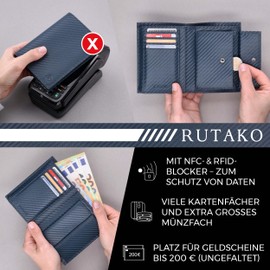 RUTAKO Men's Leather Wallet with RFID Protection, Large Wallet with Coin Compartment, 12 Compartments, Genuine Leather Wallet for Men, Wallet, Carbon blue, Portrait