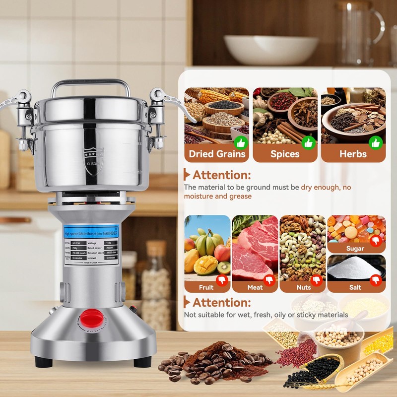 Electric Grain Mill Grinder - 2000W High-Speed 750g 304 Stainless