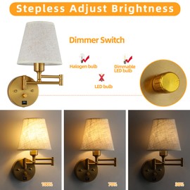 Bedside Wall Mount Light with Dimmable Switch and USB Port, Gold Swing Arm Fabric Shade Wall Sconce Light with Plug in Cord, Wall Lamp Perfect for Bedroom, Living Room and Hotel