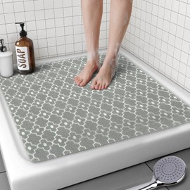 Square Shower Mat, 24 x 24 Inch Non Slip Gray Shower Stall Mat, Quick-Dry PVC Loofah Bath Mat for Shower Tub Bathroom