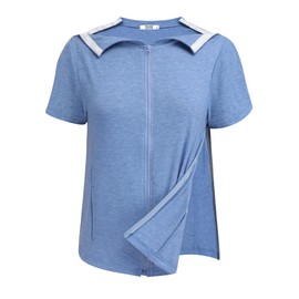 Deyeek Mastectomy Shirts with Drain Pockets Post Shoulder Surgery Tops for Women Chemo Port Short Sleeve with Zippers