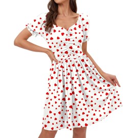 Womens Valentine's 1950s Loose Fit Dress Swing Heart Print Short Puff Sleeve Vintage Outfit White L
