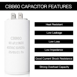 90UF CBB60 Motor Run Capacitor, 450VAC 50/60HZ Cylindrical Capacitor for Motor Run, Washing Machines, Air Conditioners and Water Pumps