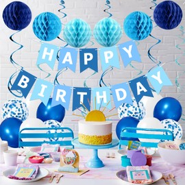bng-bng Blue Birthday Party Decorations, Happy Birthday Banner With Honeycomb Balls,Hanging Swirl Streamer,Balloons,Birthday Party Decorations for Men Boys Women